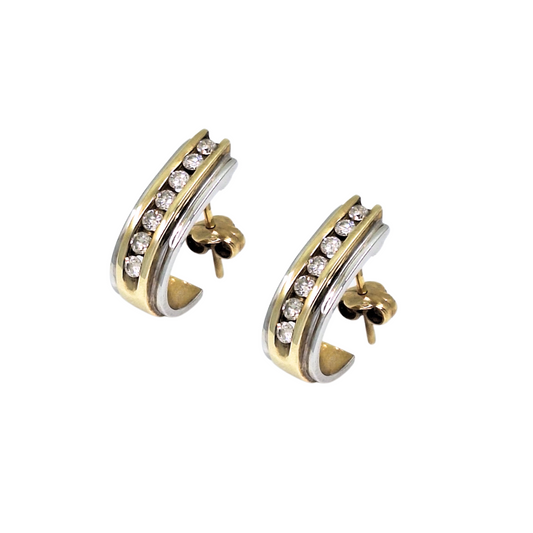 9ct 2 Colour Gold Diamond Half Hoop Earrings