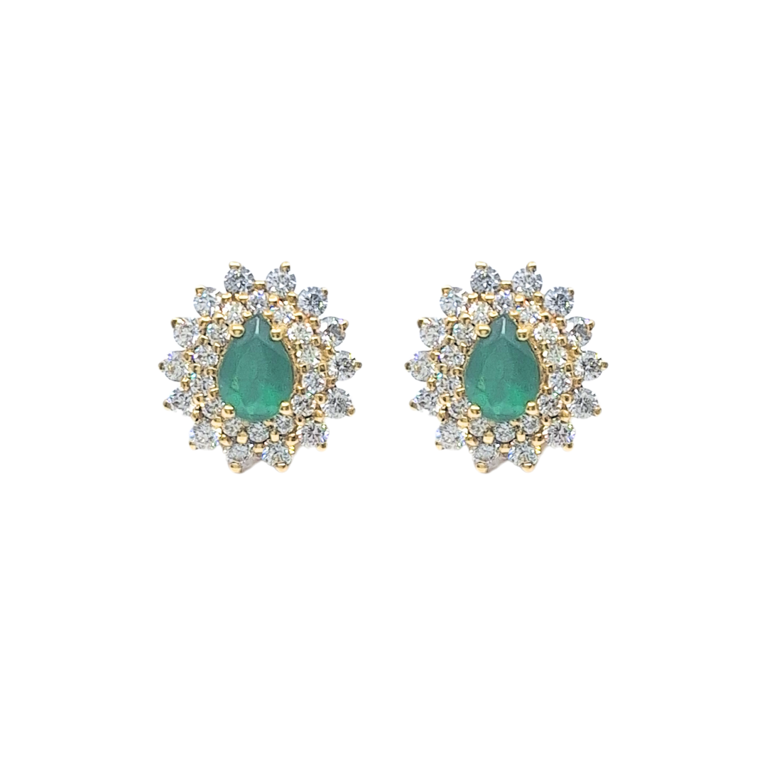 18ct Yellow Gold Emerald & Diamond Cluster Stud Earrings