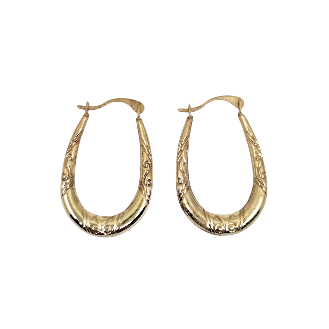9ct Gold Oval Engraved Creole Earrings