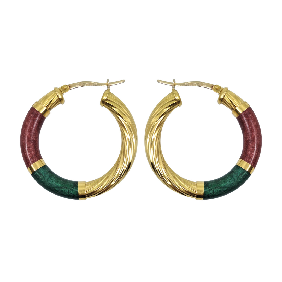 18ct Yellow Gold Red/Green Twist Hoop Earrings