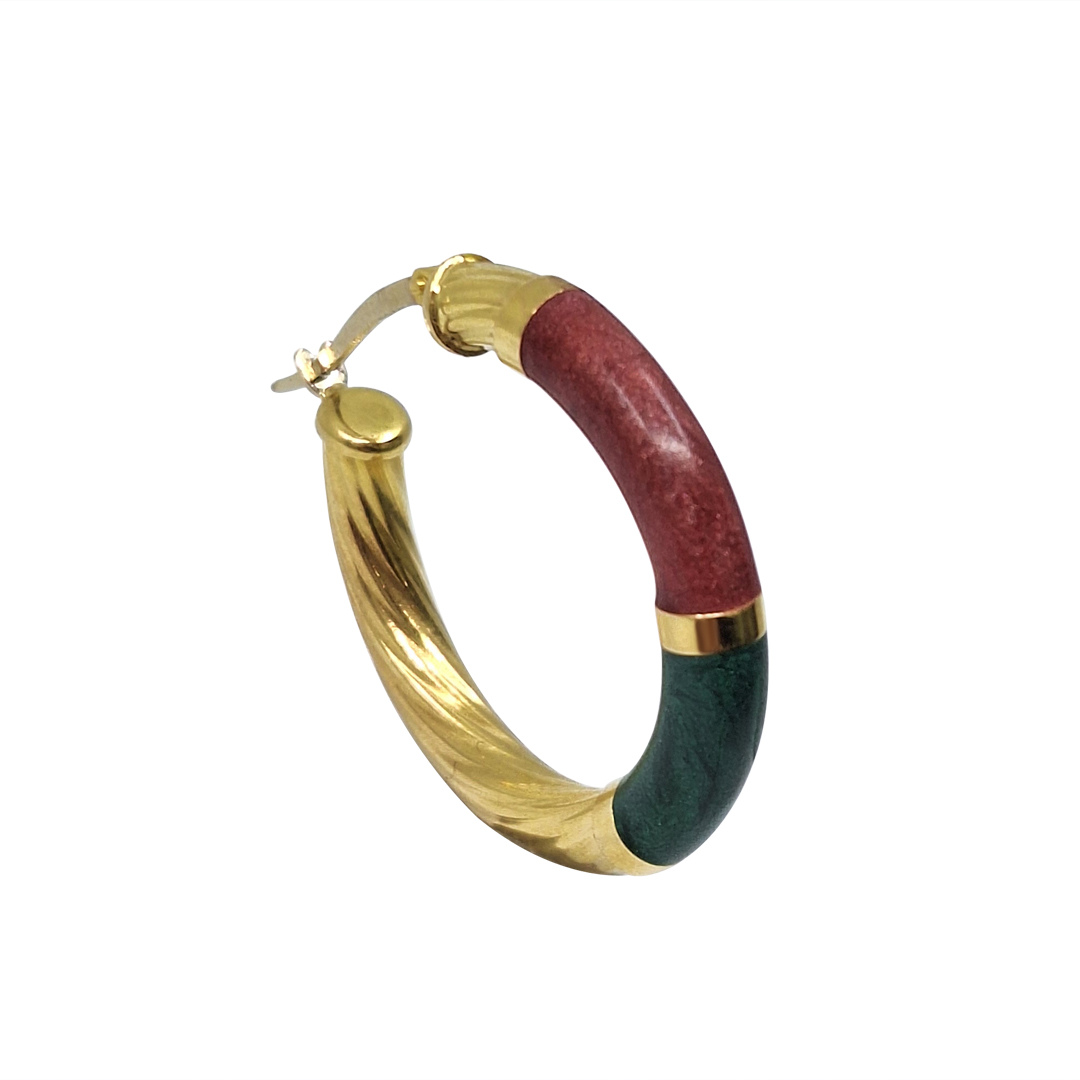 18ct Yellow Gold Red/Green Twist Hoop Earrings