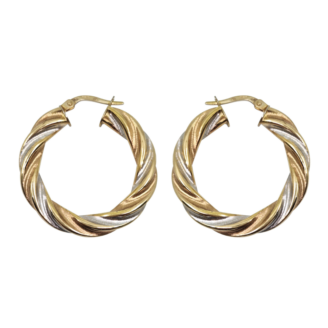 9ct Three Colour Twist Hoop Earrings