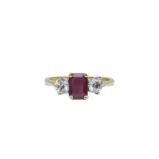 18ct Yellow Gold Ruby & Diamond Three Stone Ring