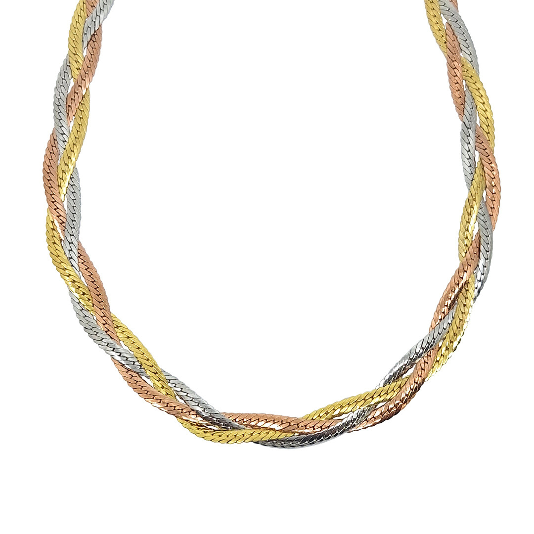 9ct Three Colour Flat Twist Collar Necklace 16"