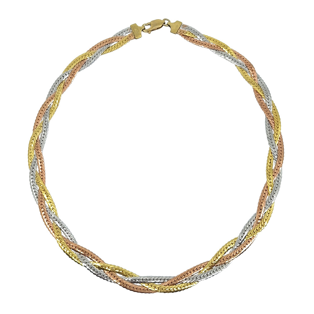 9ct Three Colour Flat Twist Collar Necklace 16"