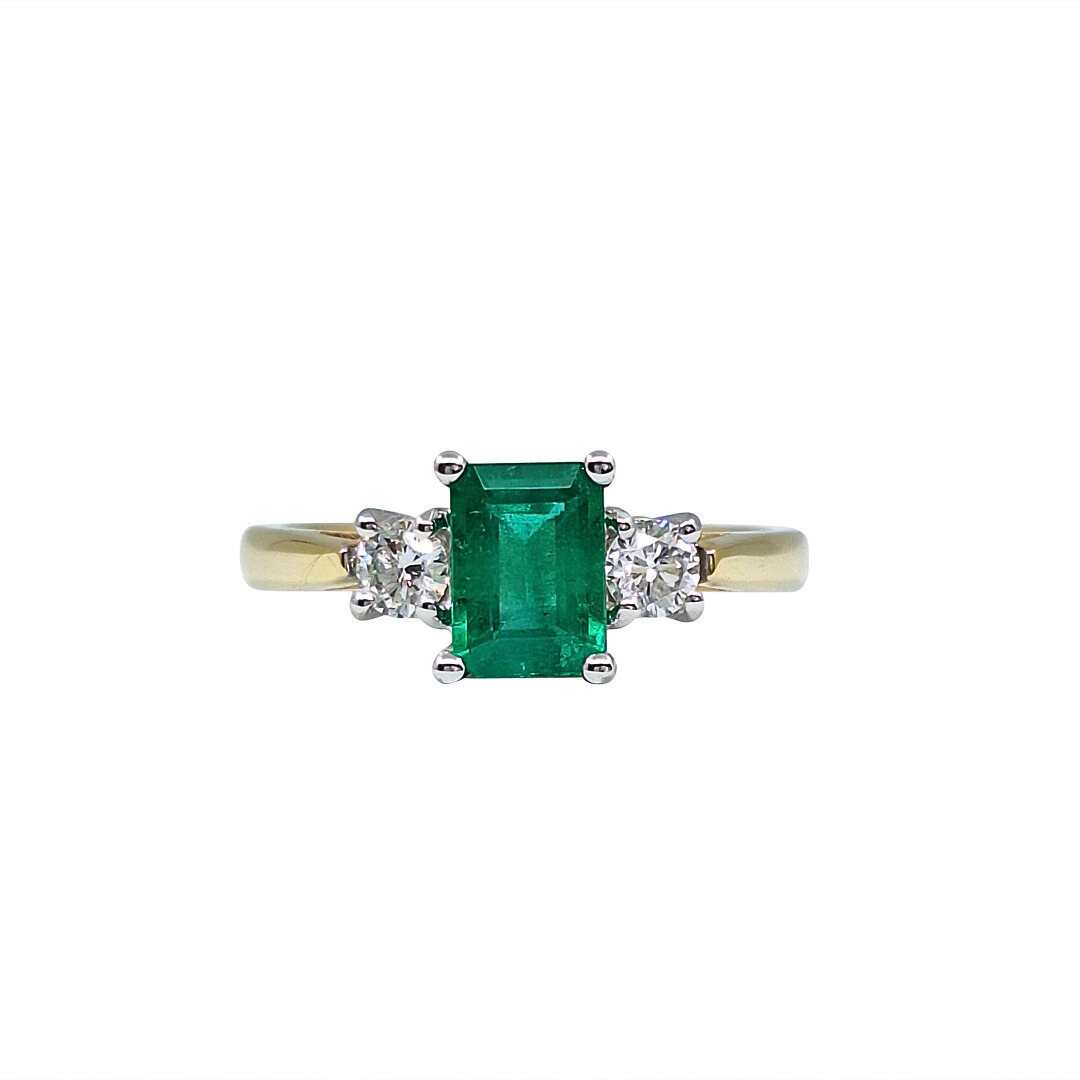 18ct Yellow Gold Emerald & Diamond Three Stone Ring