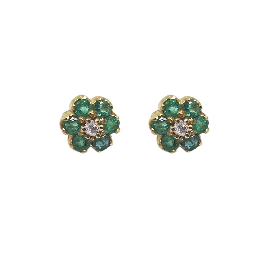 9ct Yellow Gold Emerald & Diamond Flower Stud Earrings