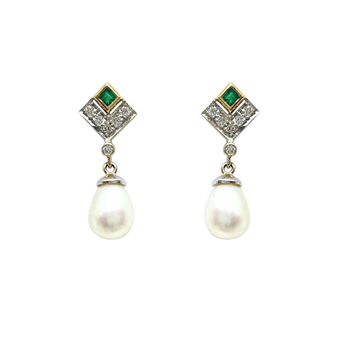 9ct Emerald Diamond & Pearl Drop Earrings