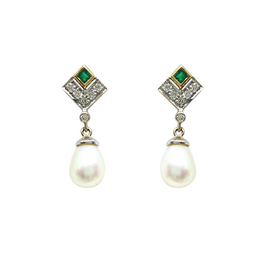 9ct Emerald Diamond & Pearl Drop Earrings