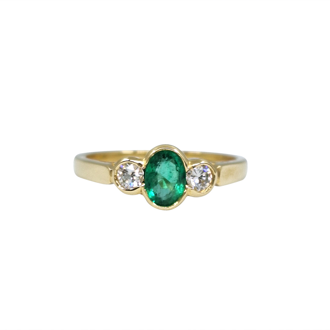 18ct Yellow Gold Emerald & Diamond Three Stone Ring