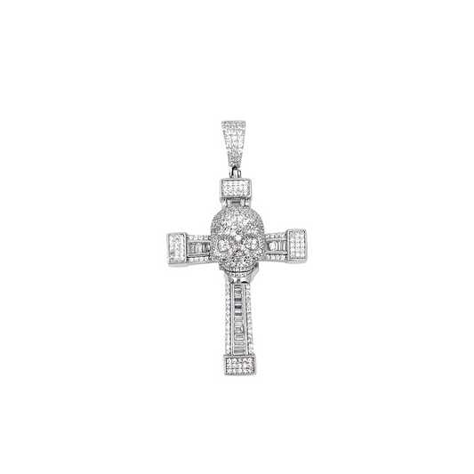 Silver Skull CZ Cross Pendant