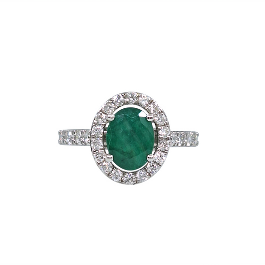 9ct White Gold Emerald & Diamond Halo Ring