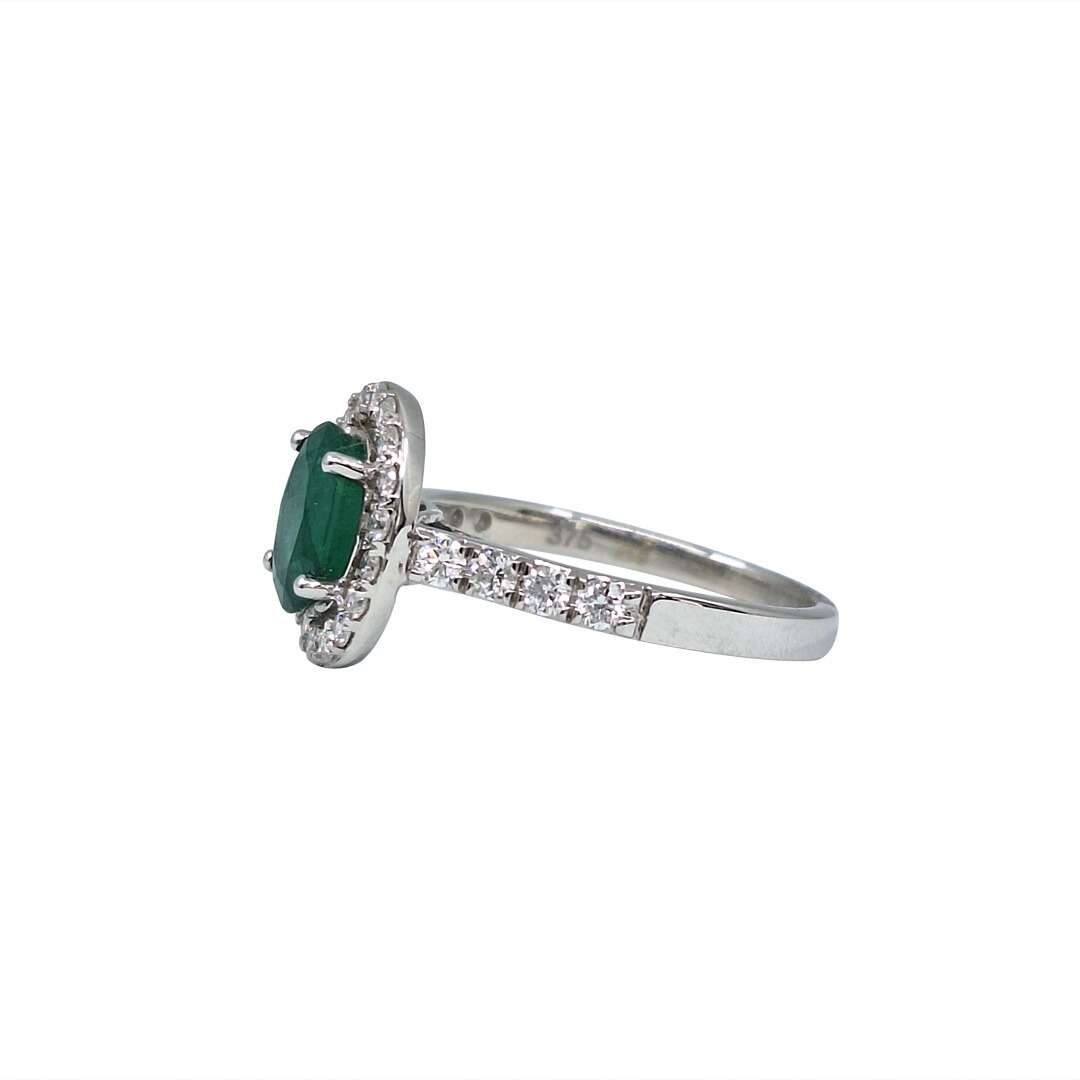 9ct White Gold Emerald & Diamond Halo Ring