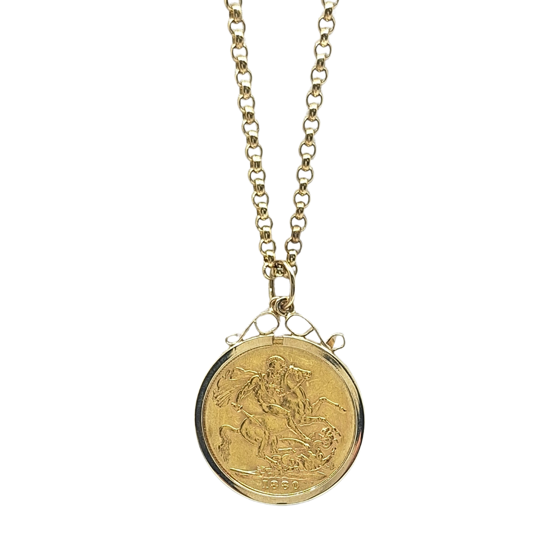 9ct Yellow Gold Full Sovereign 1880 & Chain 24"