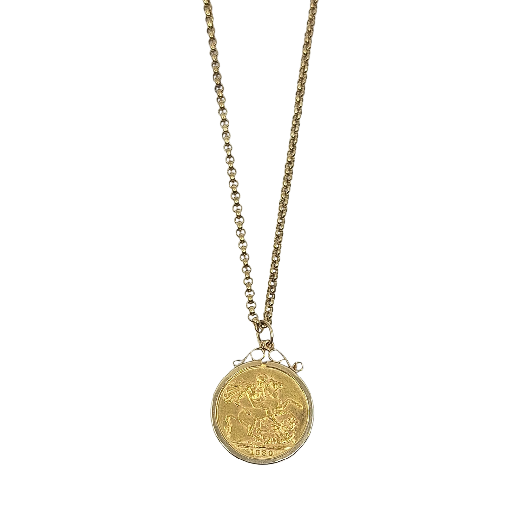 9ct Yellow Gold Full Sovereign 1880 & Chain 24"