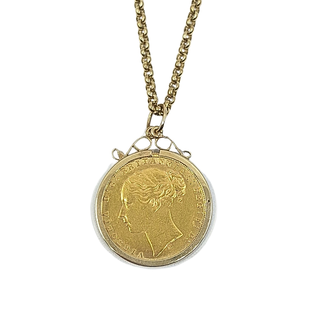 9ct Yellow Gold Full Sovereign 1880 & Chain 24"