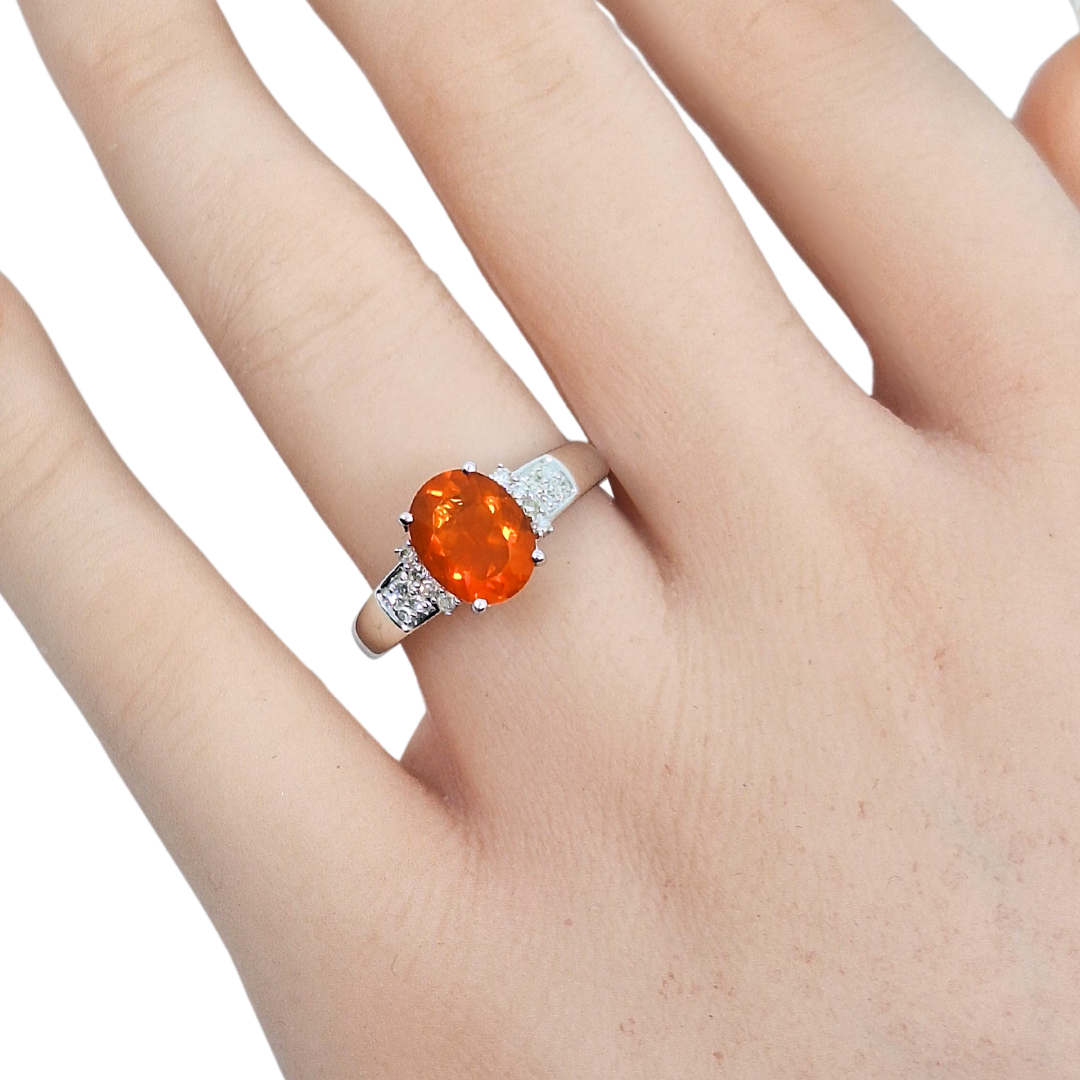 18ct White Gold Fire Opal & Diamond Ring