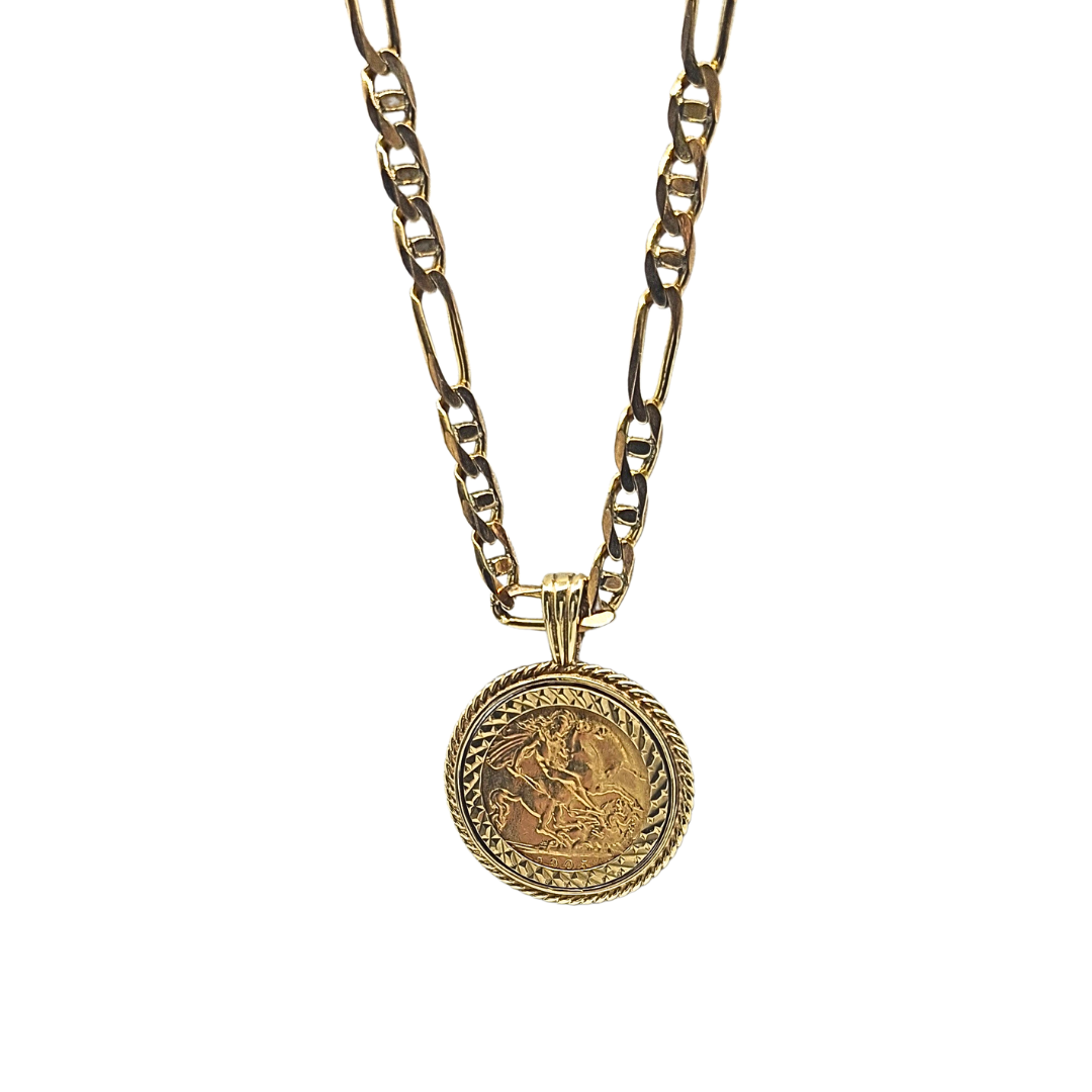 9ct Yellow Gold Half Sovereign 1905 & Figaro Chain 20"