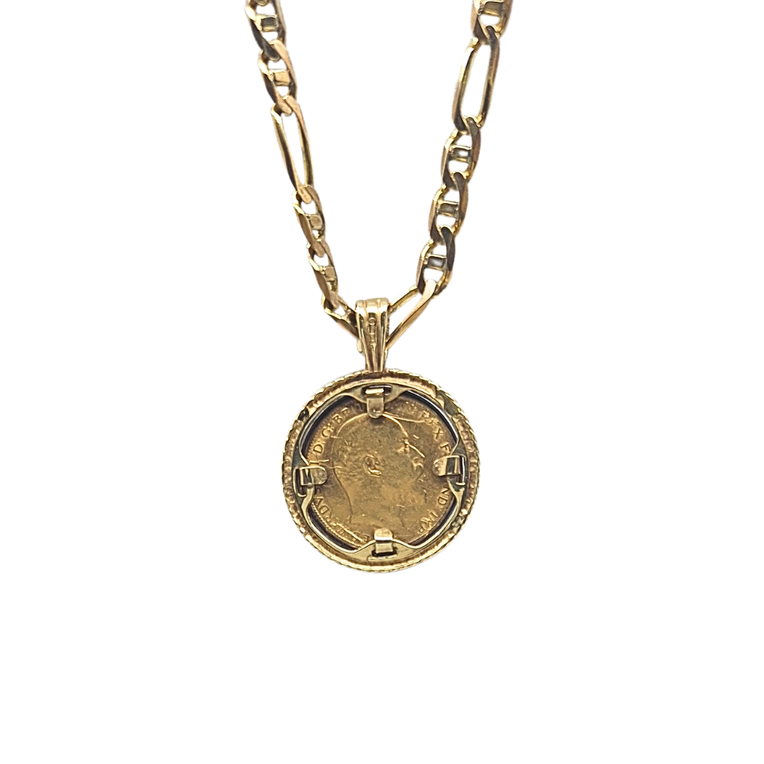 9ct Yellow Gold Half Sovereign 1905 & Figaro Chain 20"