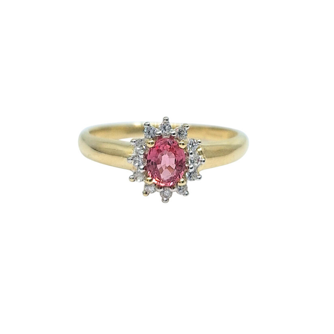 9ct Yellow Gold Pink Tourmaline and Diamond Cluster Ring