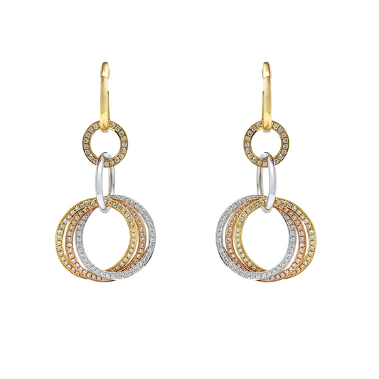 18ct Three Colour Gold Diamond Circle Drop Earrings