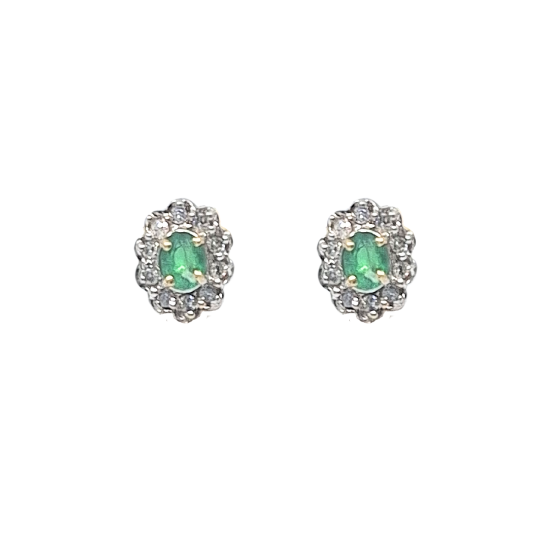 9ct Yellow Gold Emerald & Diamond Cluster Stud Earrings