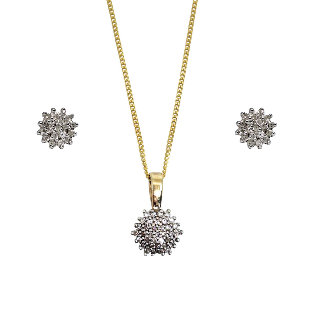 9ct Yellow Gold Diamond cluster Pendant & Earring Set