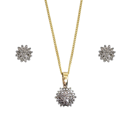 9ct Yellow Gold Diamond cluster Pendant & Earring Set