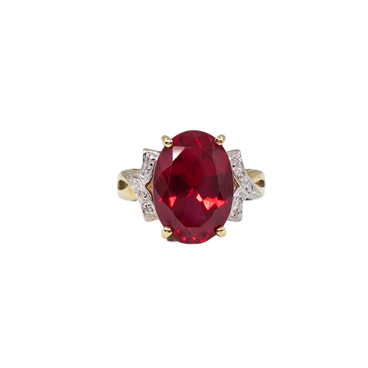 9ct Gold Synthetic Red Stone & Diamond Ring