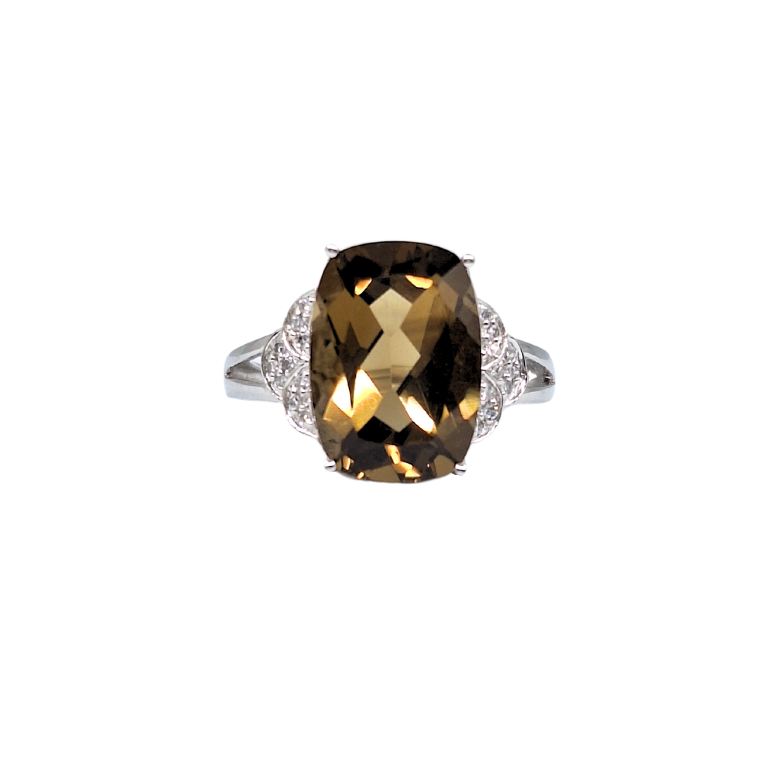 9ct White Gold Smokey Quartz & Diamond Ring