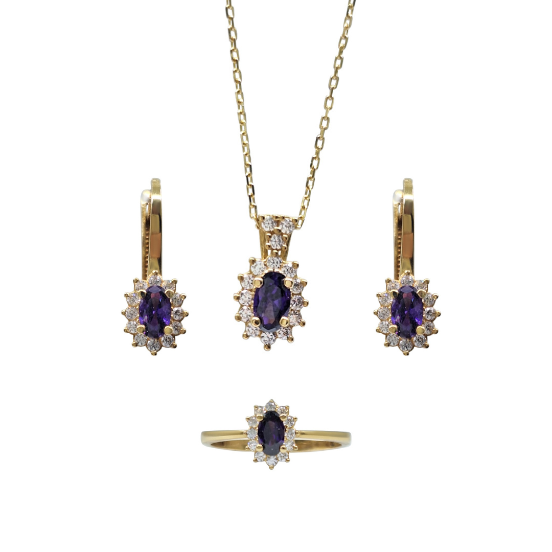 14ct Yellow Gold Amethyst & Cubic Zirconia Jewellery Set