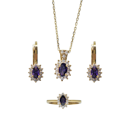 9ct Yellow Gold Amethyst & Cubic Zirconia Jewellery Set