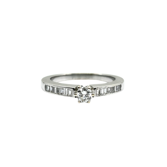 18ct White Gold Diamond Solitaire Ring With Baguette Diamond Shoulders