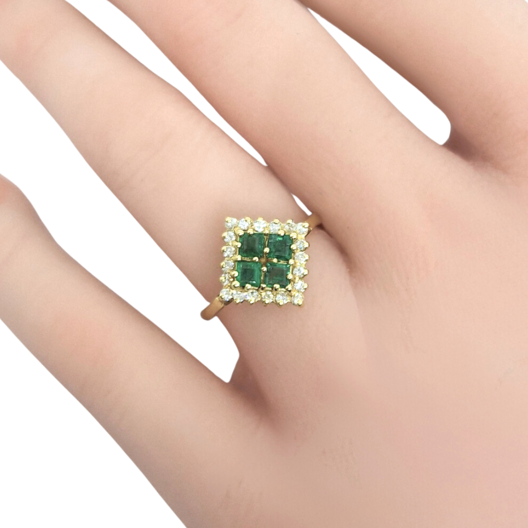 18ct Gold Emerald & Diamond Square Cluster Ring