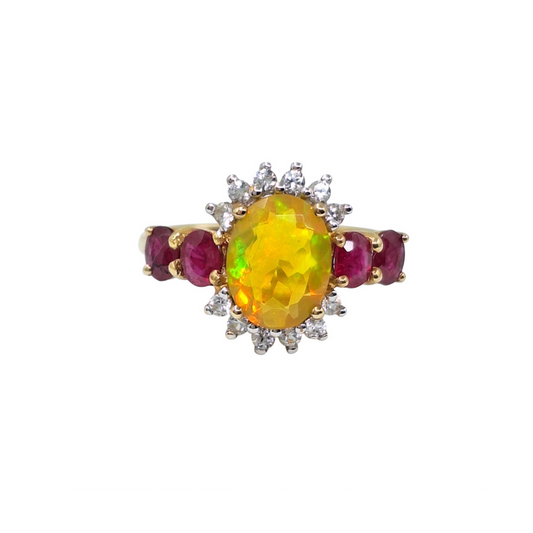 9ct Yellow Gold Opal & Ruby Cluster Ring