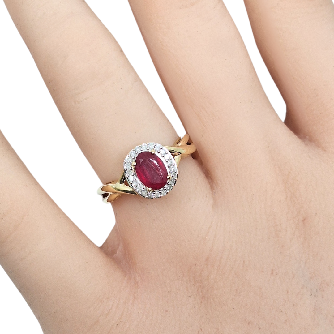 9ct Yellow Gold Ruby & Diamond Halo Ring