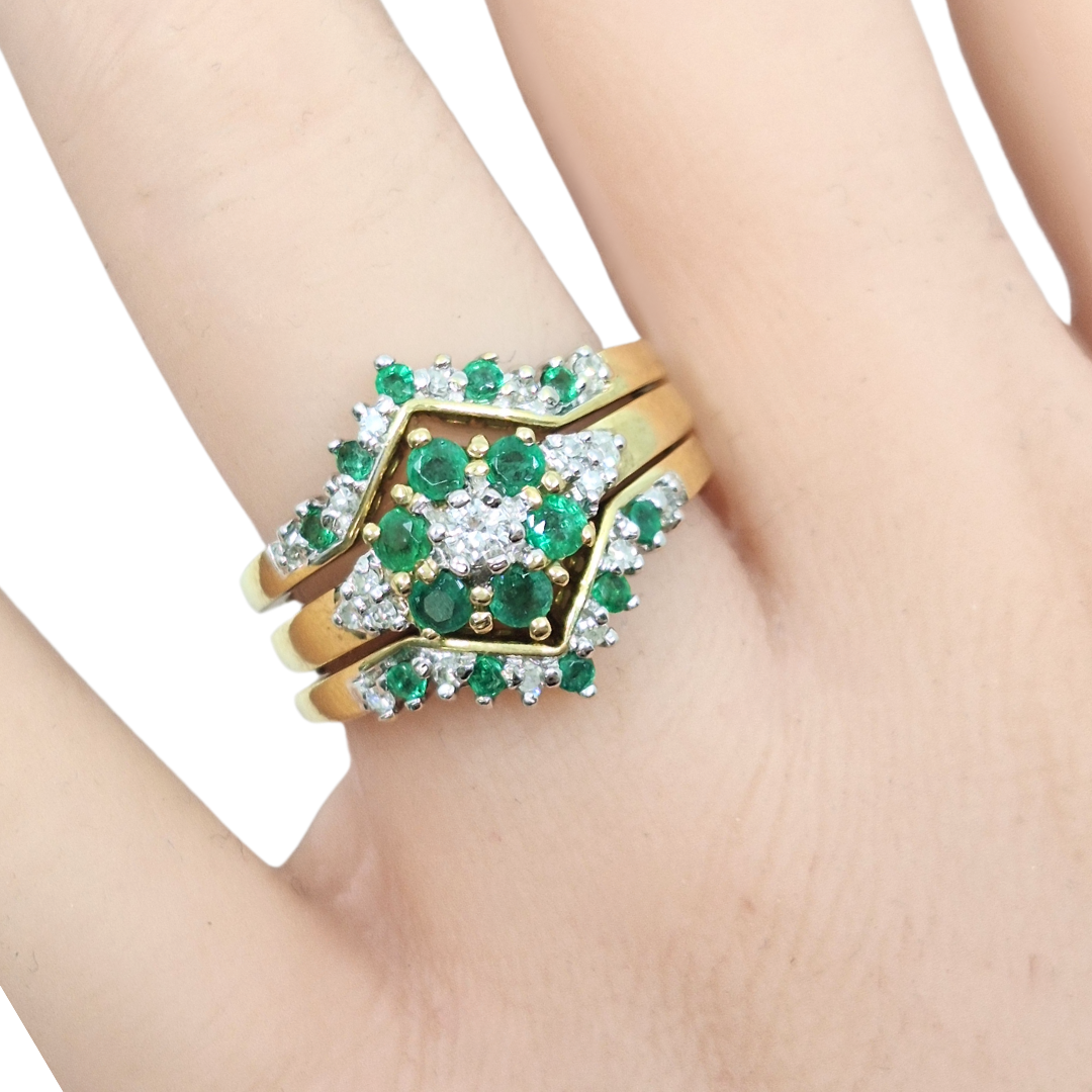 9ct Yellow Gold Emerald & Diamond Three Ring Set