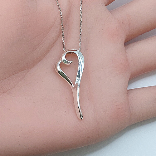 Silver Long Curved Heart Pendant & Chain